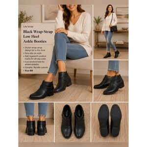 Life Stride Black Wrap-Strap Low Heel Ankle Booties 8M NEW
